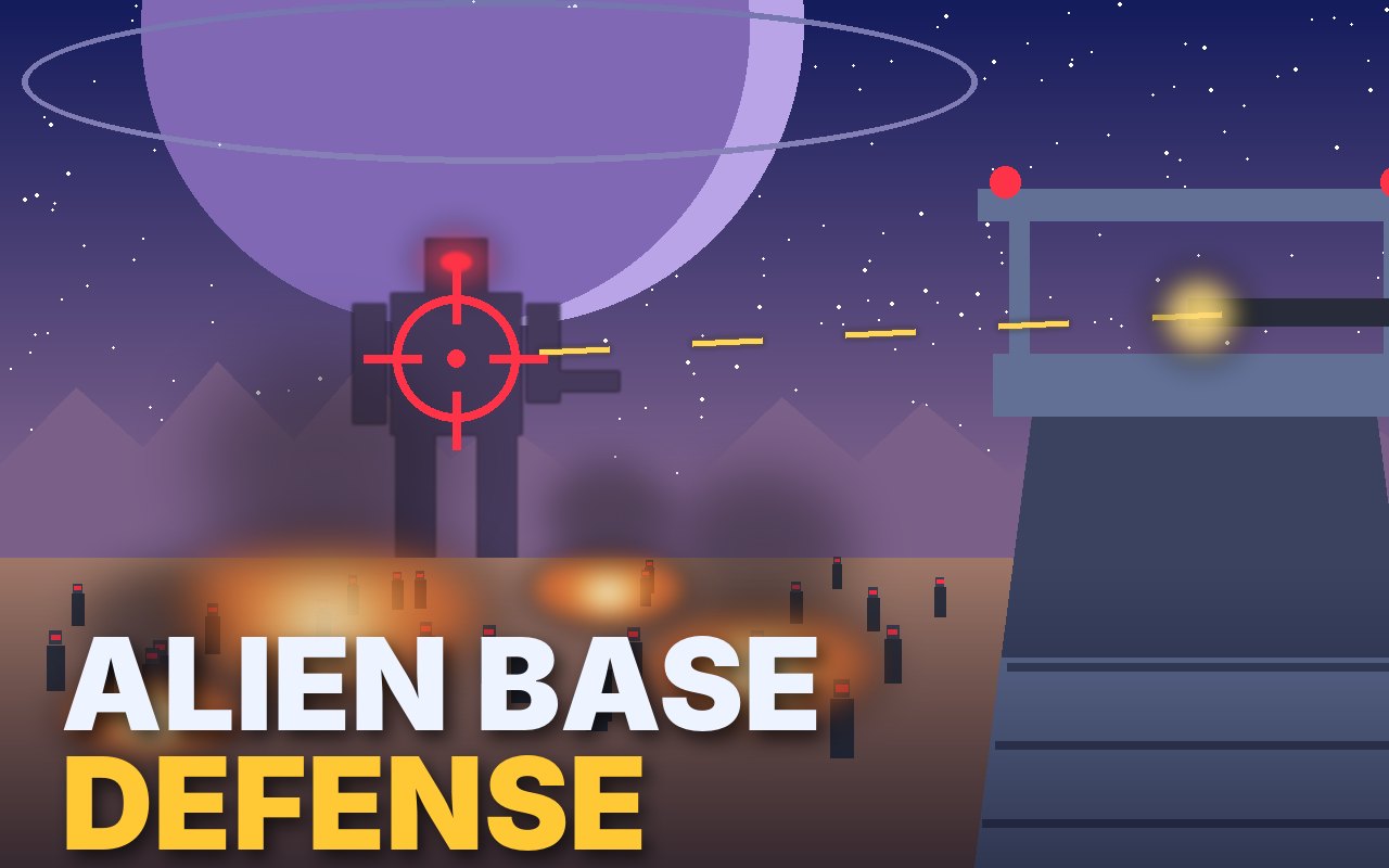 Alien Base Defense: a gun tower firing at a giant robot on a purple alien plain